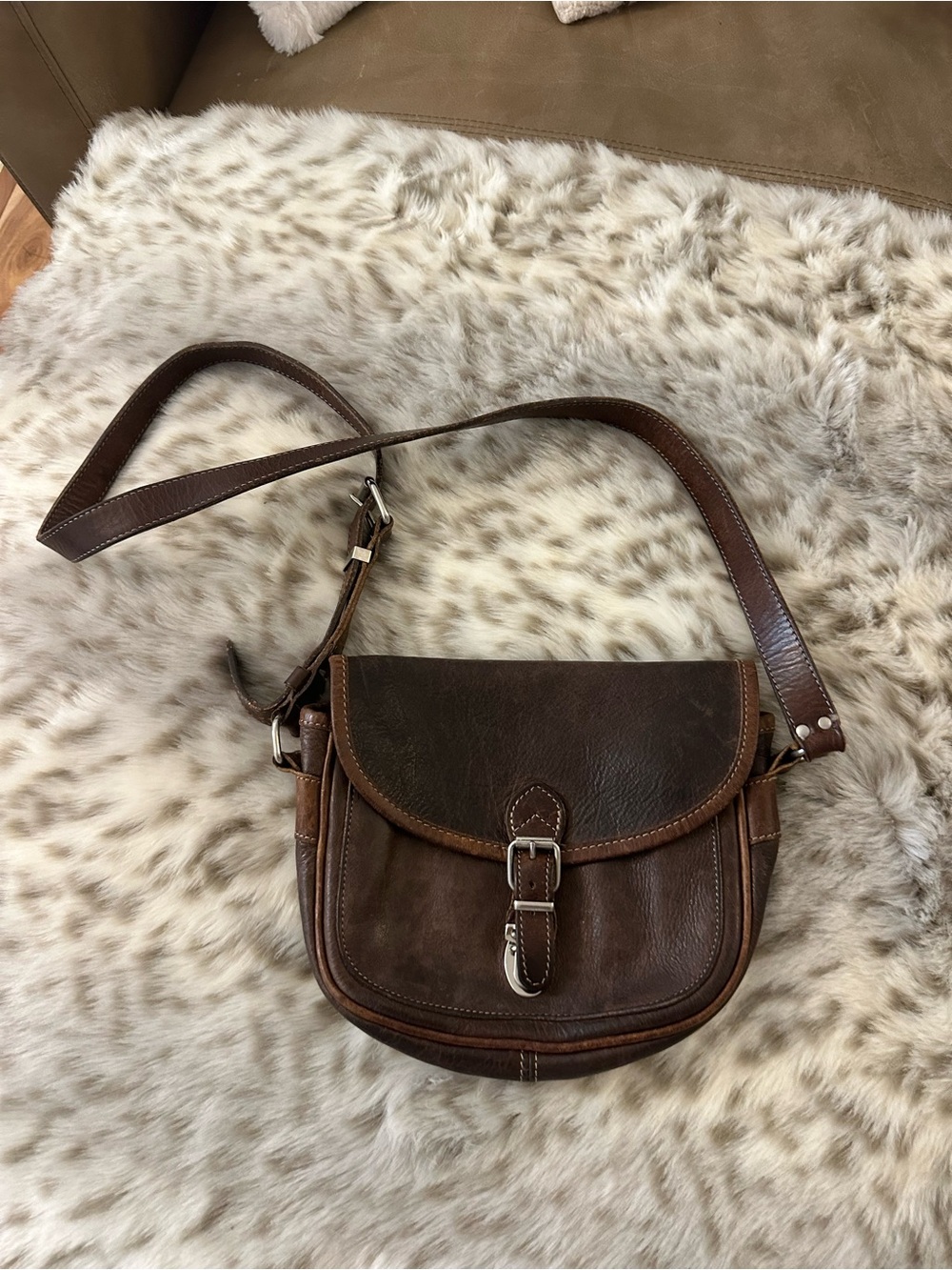 Roots Dark Brown Genuine Leather Crossbody Bag with Buckle
